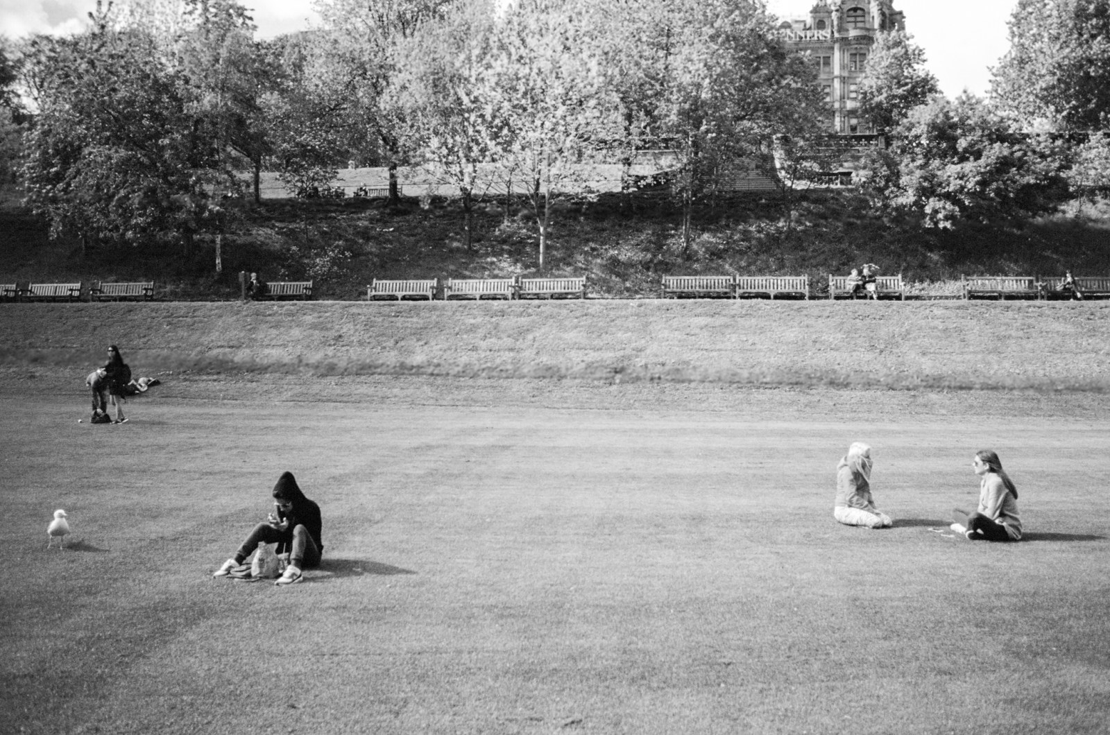 Black and white. A few people sitting far apart on a wide lawn, trees and benches behind.