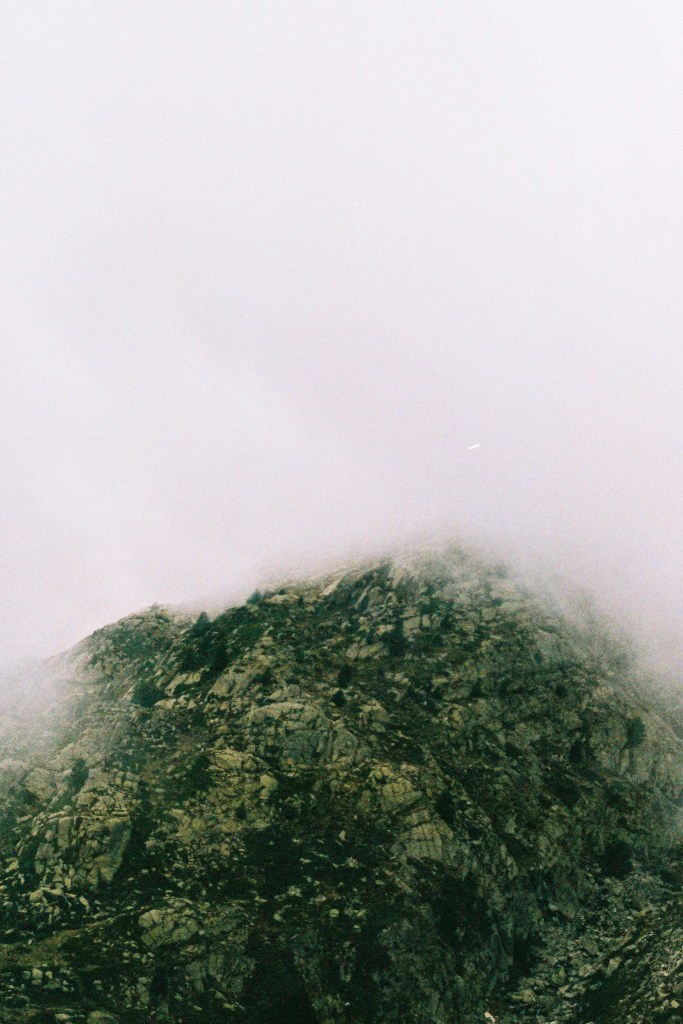 A rounded green summit disappearing into pale cloud.