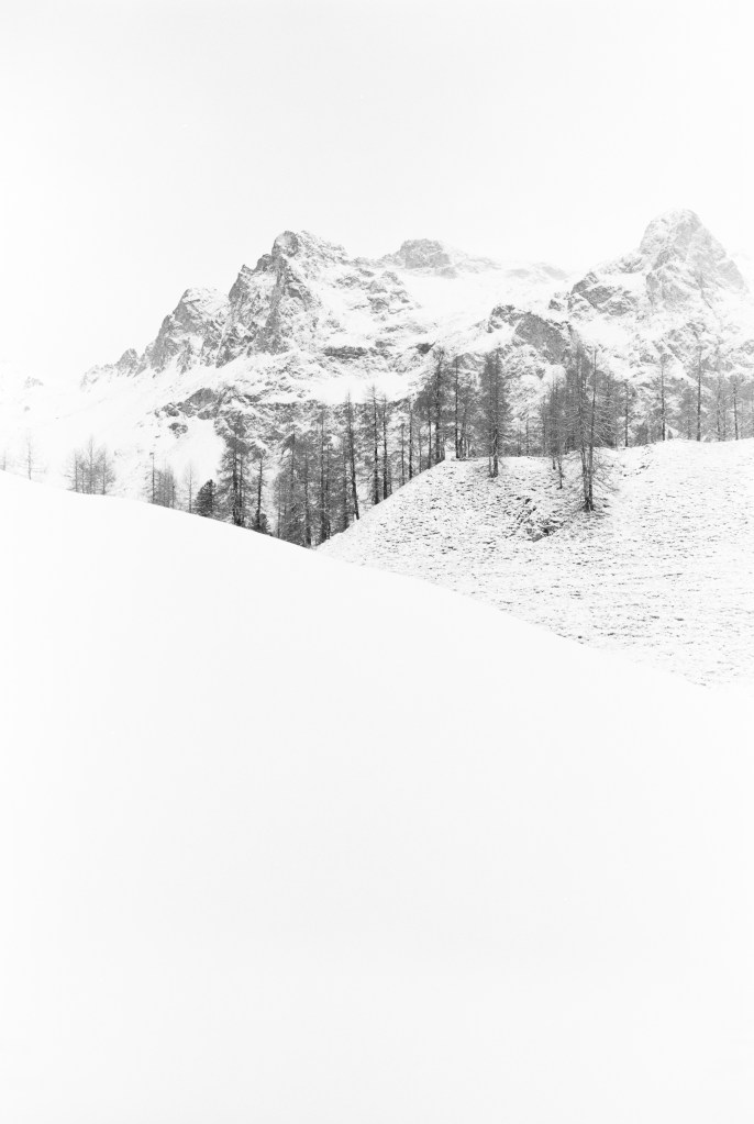 A high-key black and white photograph of an alpine valley: pale sky, a snow-covered massif, a band of larch along the timberline, and an open snowfield in the foreground. Each band links to a section of the site.
