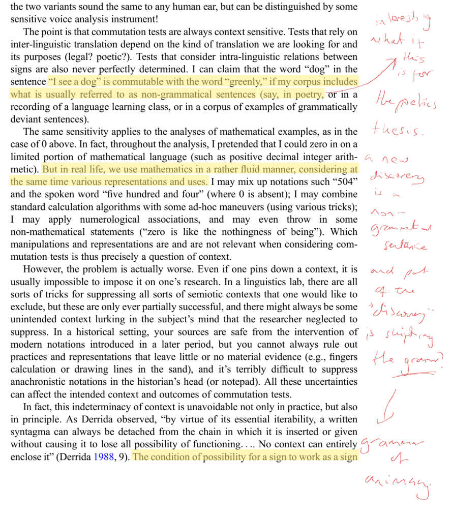 A page of R. Wagner's Structural Semiotics as an Ontology of Mathematics with three passages highlighted in yellow and a handwritten red note in the margin, linked by an arrow to the highlight about non-grammatical sentences.