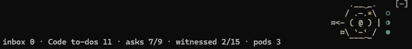 The witness status line reading inbox 0, Code to-dos 11, asks 7/9, witnessed 2/15, pods 3, beside the Naut nautilus with a barnacle on its shell and its bells part filled.